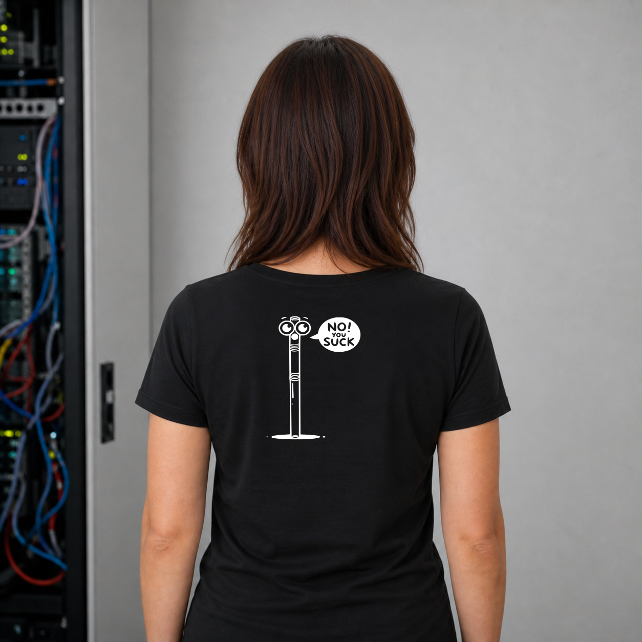 Black T-shirt back on Zorg Rush with white straw artwork centered large and lowered