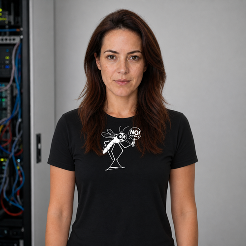 Black T-shirt front on Zorg Rush with white mosquito artwork centered large and lowered