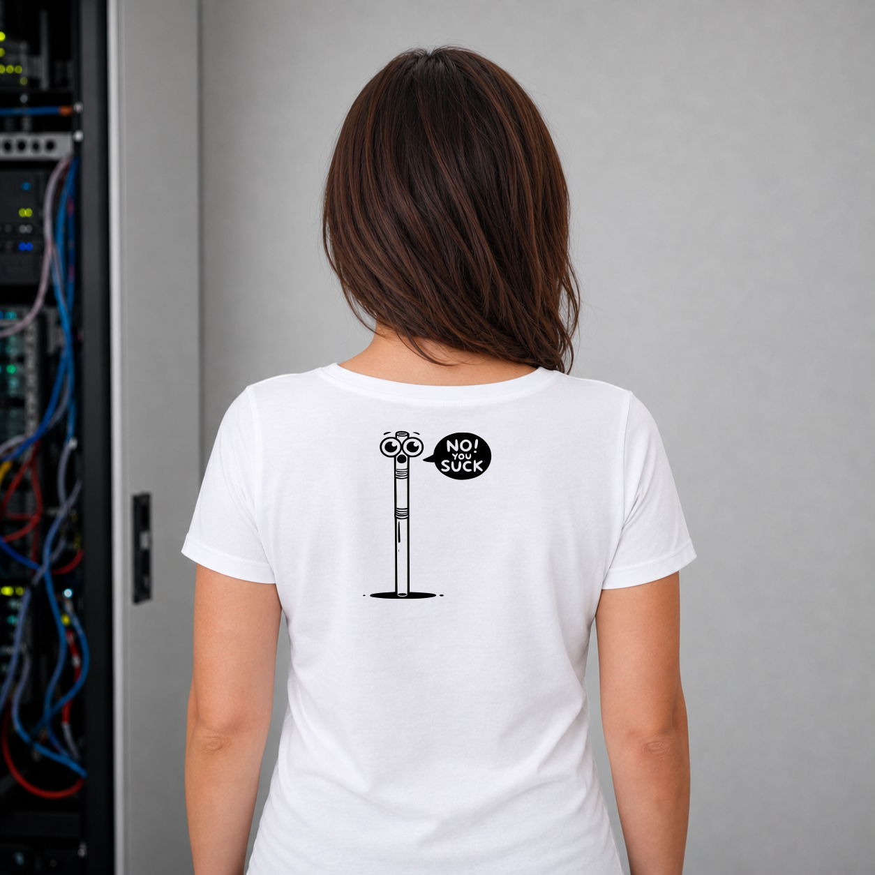 White T-shirt back on Zorg Rush with black straw artwork centered large and lowered